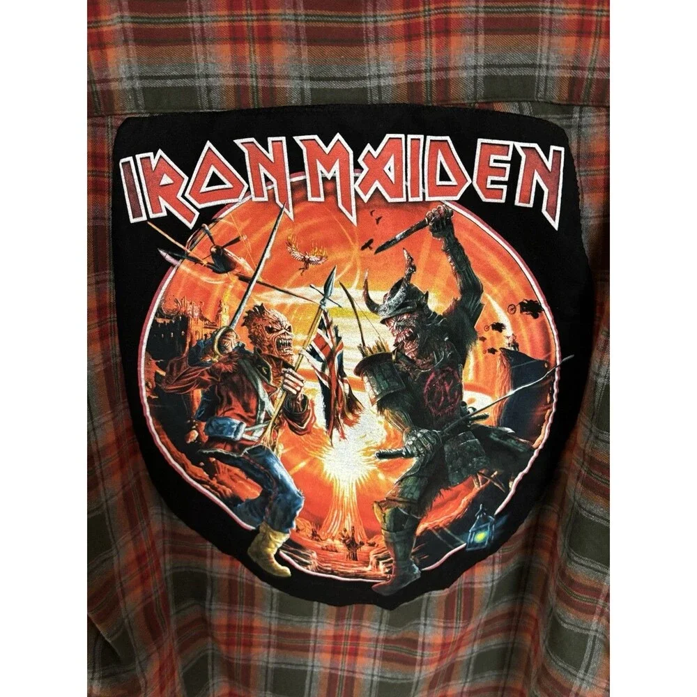Iron Maiden Upcycled Plaid Flannel Button Up Shirt Rock Band Men’s Size XL - Picture 4 of 9